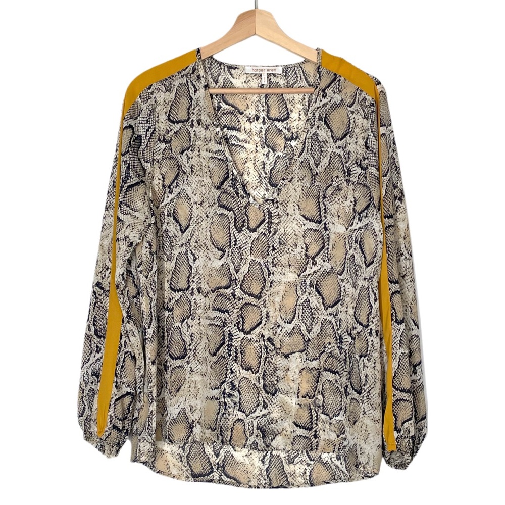 Harper Wren Animal Print Long Sleeve Top Blouse Yellow Accent Size Large